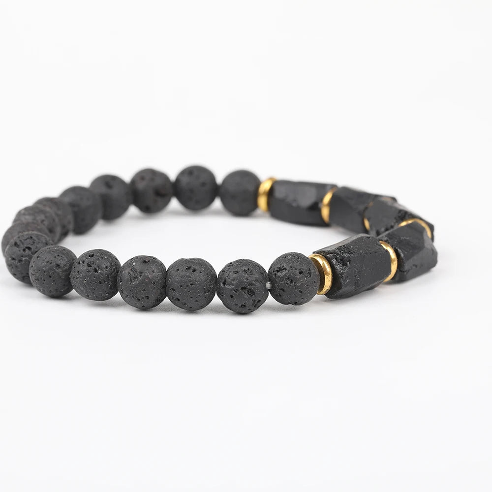 Natural Black Tourmaline Stone and Black Lava Beads