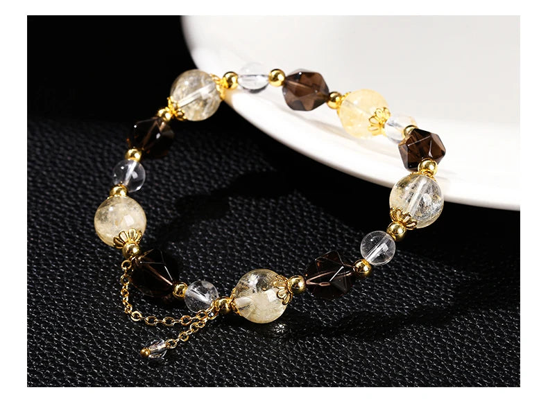 JD Natural Citrine Smoky Quartz Faceted Shape Beads Strand Bracelet