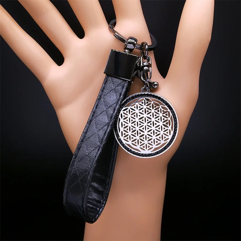 Sacred Geometry Buddhist Flower of Life Stainless Steel Keyring Holder