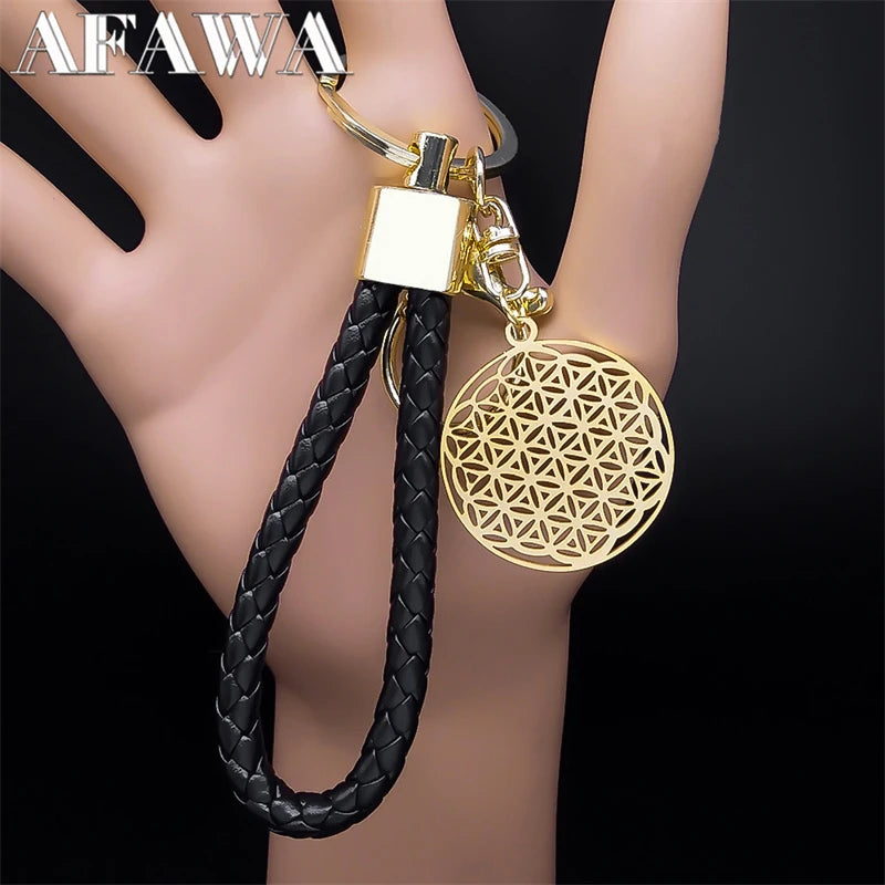 Sacred Geometry Buddhist Flower of Life Stainless Steel Keyring Holder
