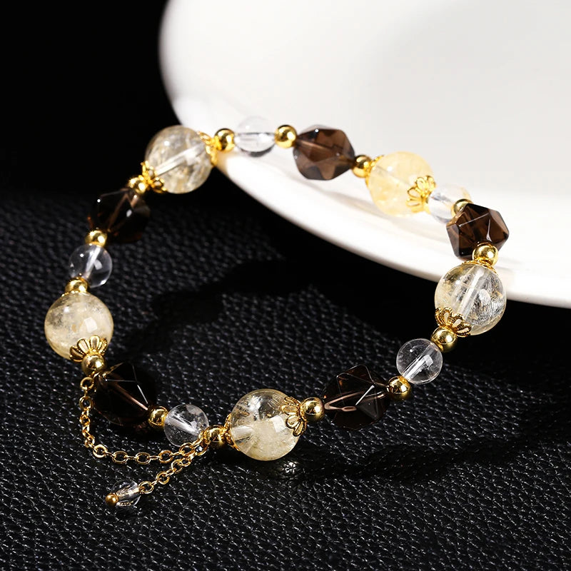 JD Natural Citrine Smoky Quartz Faceted Shape Beads Strand Bracelet