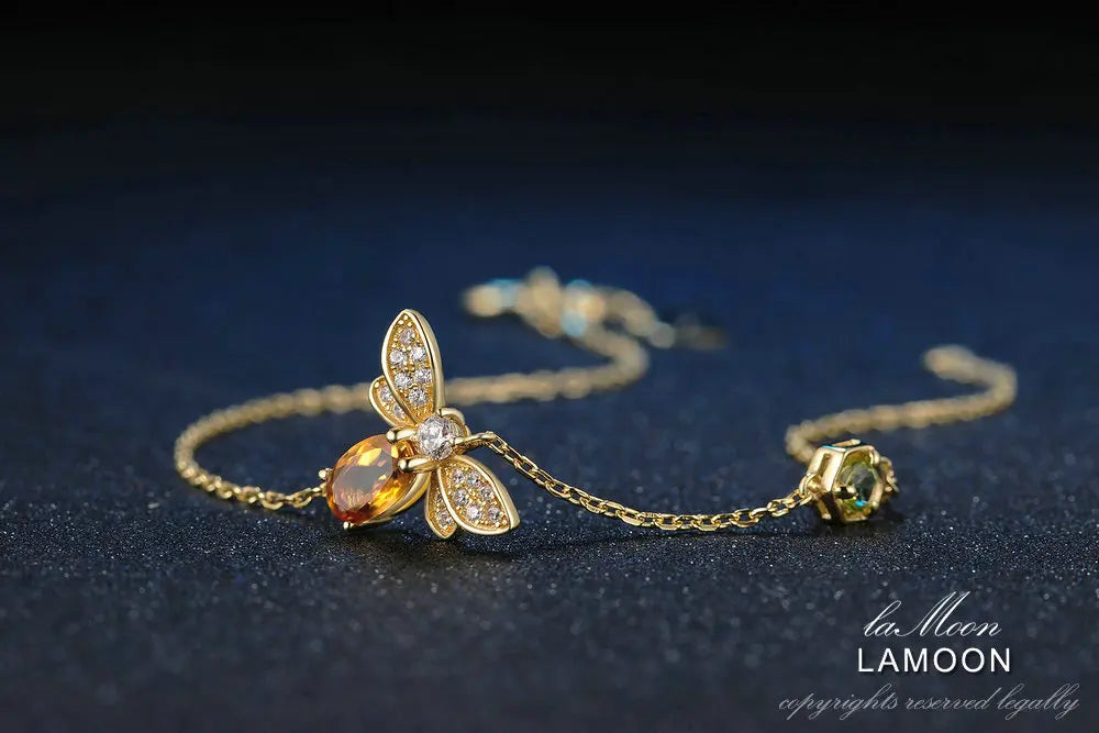 LAMOON Bee Bracelet For Woman Citrine Gemstones Bracelets 925 Sterling Silve 14K Gold Plated Designer Jewelry For Lover LMHI002