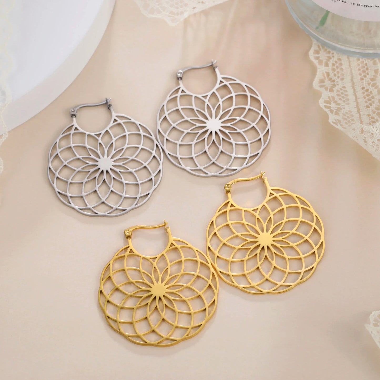 Flower of Life Women Hoop Earrings Stainless Steel