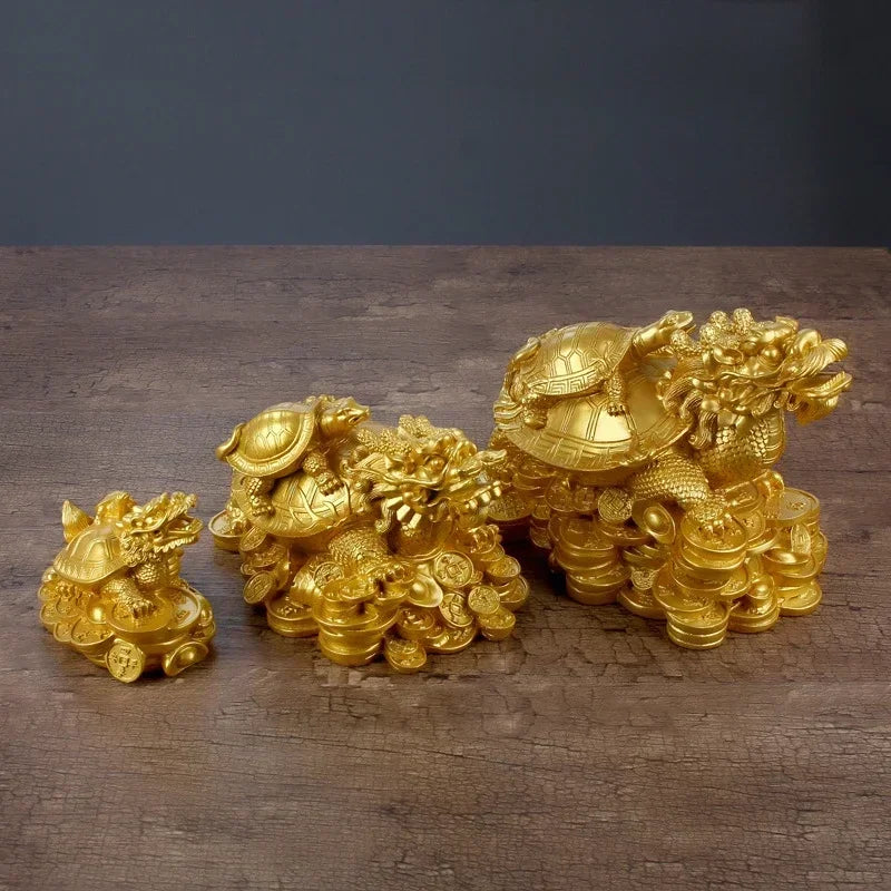 Resin Gold Feng Shui Dragon Turtle Money Wealth