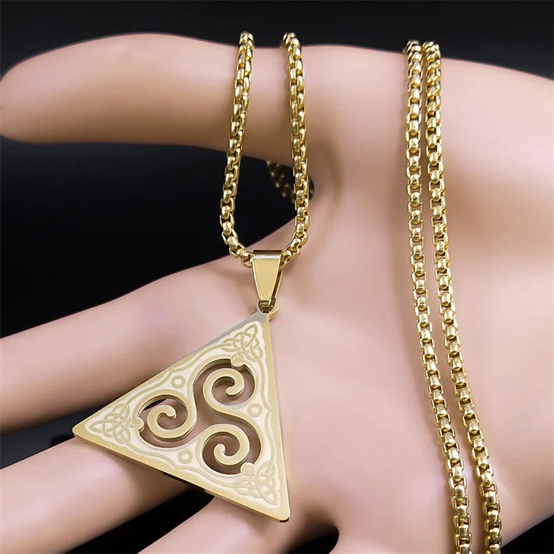 Celtic Triskele Triskelion Necklace for Women/Men Stainless Steel Gold Color Triquetra Witch Trinity Knot Jewelry bruja N8060S02