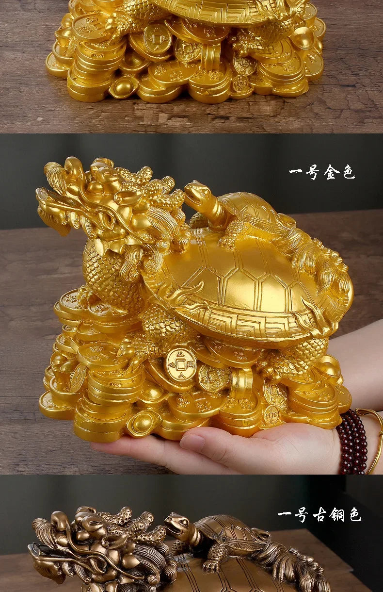 Resin Gold Feng Shui Dragon Turtle Money Wealth