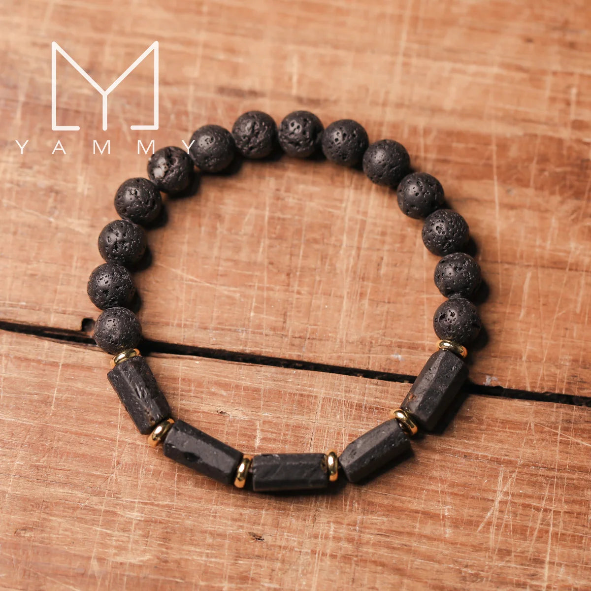 Natural Black Tourmaline Stone and Black Lava Beads
