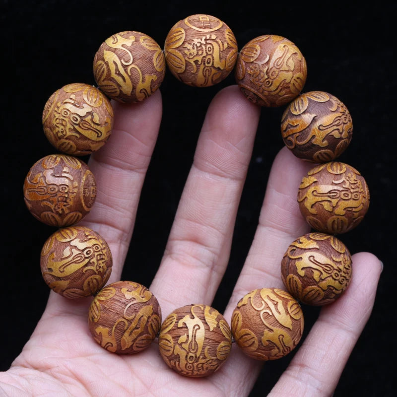 Natural Golden Wood Bracelet Carved For Wealth