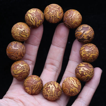 Natural Golden Wood Bracelet Carved For Wealth
