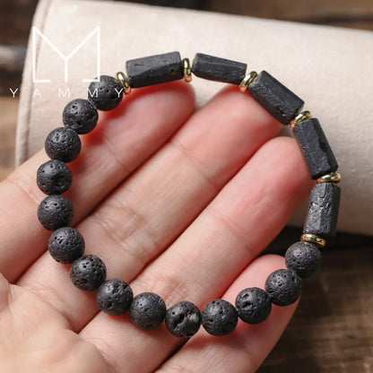Natural Black Tourmaline Stone and Black Lava Beads