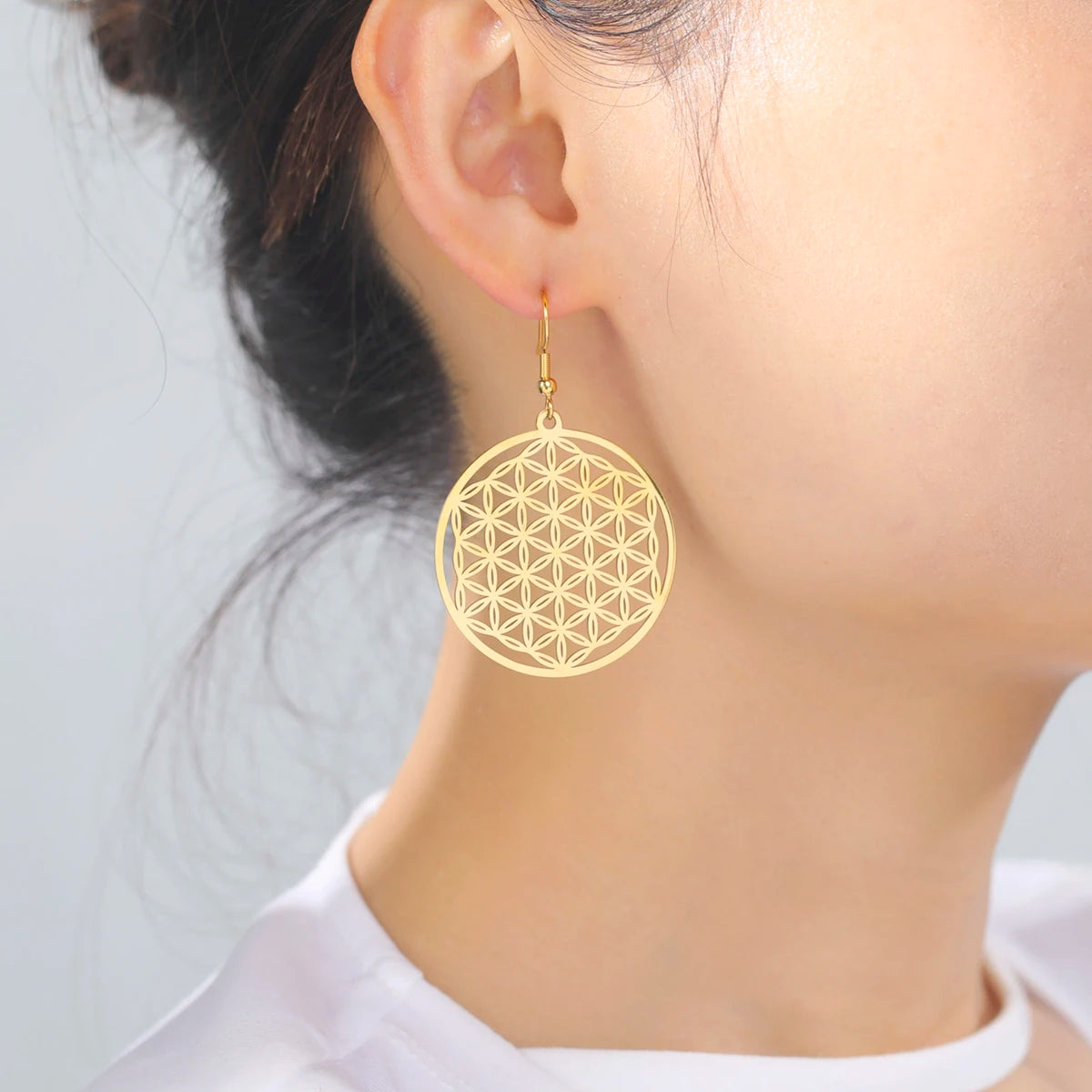 Flower of Life Women Hoop Earrings Stainless Steel