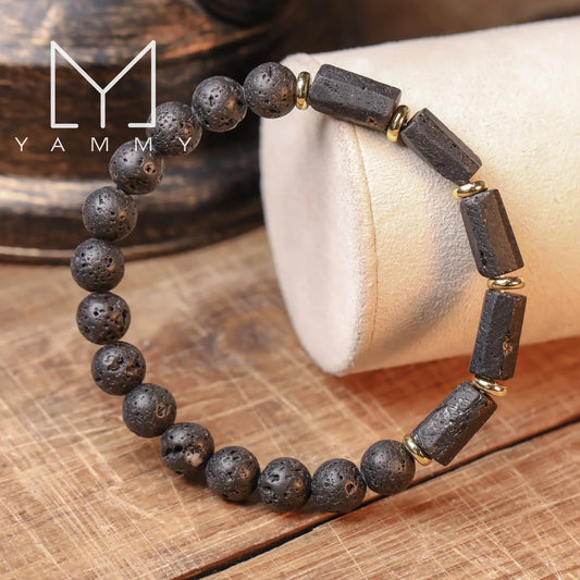 Natural Black Tourmaline Stone and Black Lava Beads