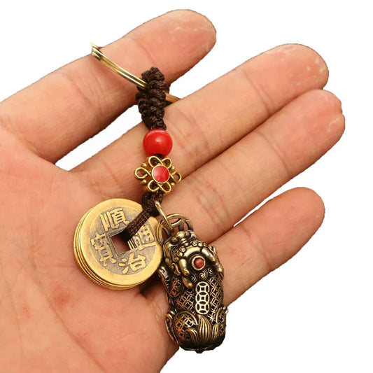 Brass cute Five Emperors Money keyring Hollow out Pixiu Key Ring Gourd Pendant on The Phone Copper Coins Bags Fengshui Keychains