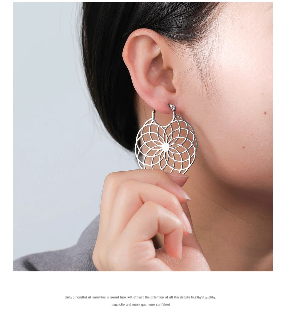 Flower of Life Women Hoop Earrings Stainless Steel