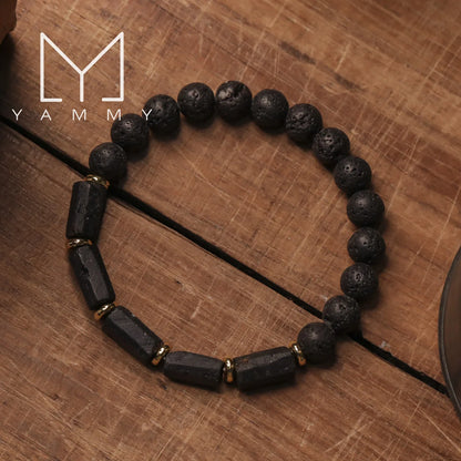 Natural Black Tourmaline Stone and Black Lava Beads
