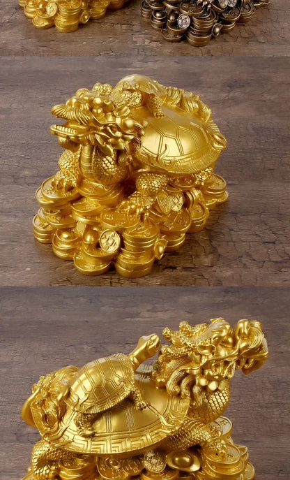 Resin Gold Feng Shui Dragon Turtle Money Wealth