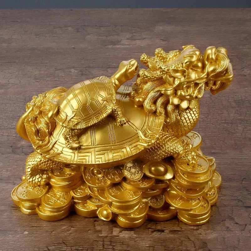 Resin Gold Feng Shui Dragon Turtle Money Wealth