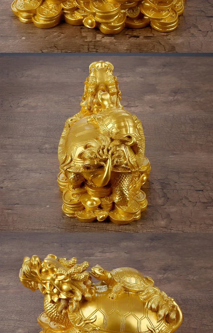 Resin Gold Feng Shui Dragon Turtle Money Wealth