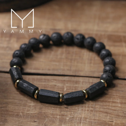 Natural Black Tourmaline Stone and Black Lava Beads