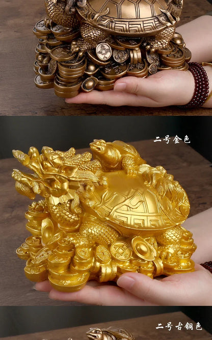 Resin Gold Feng Shui Dragon Turtle Money Wealth