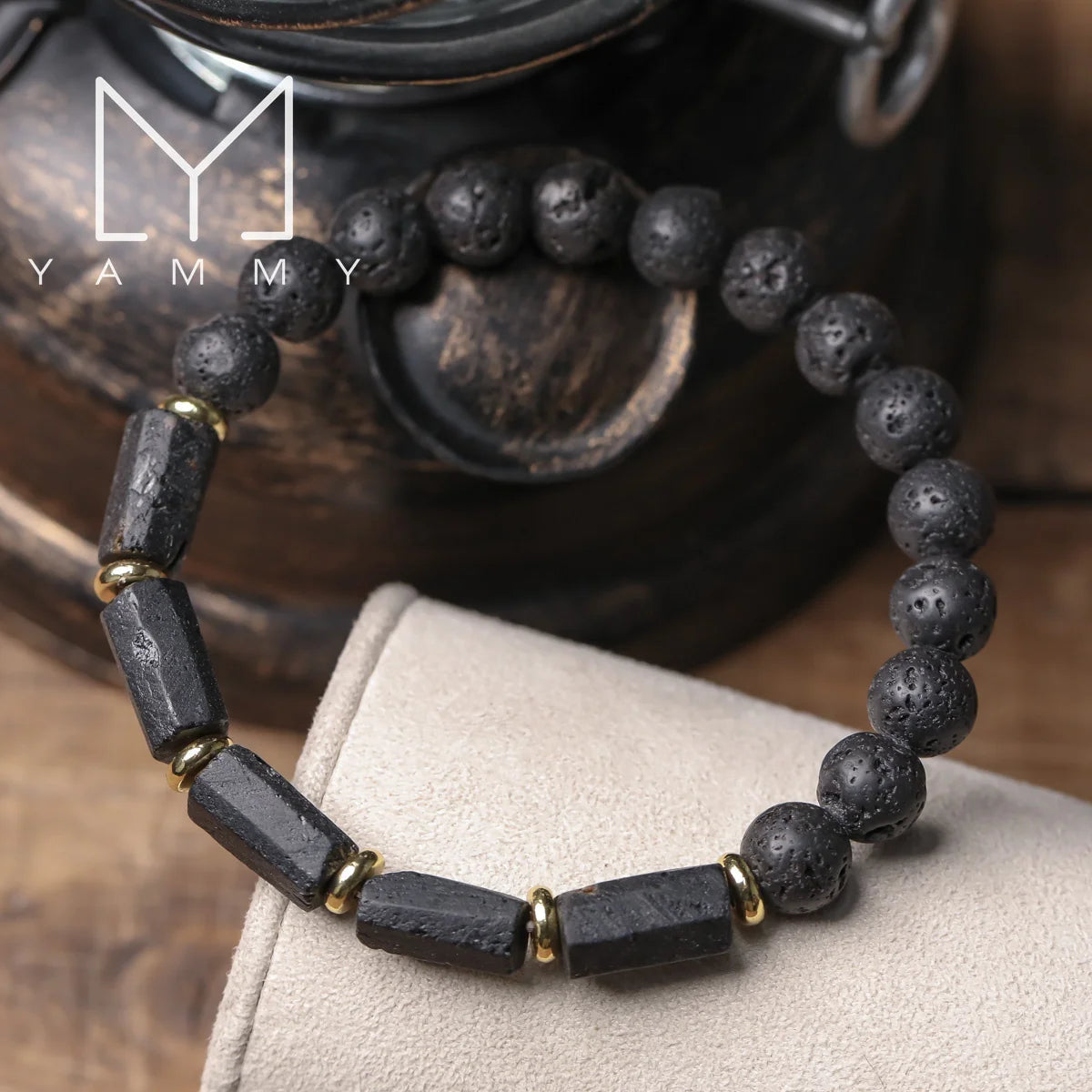 Natural Black Tourmaline Stone and Black Lava Beads