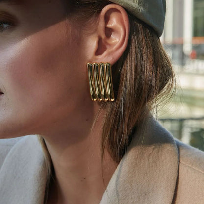 Gold Stainless Steel Striped Earrings